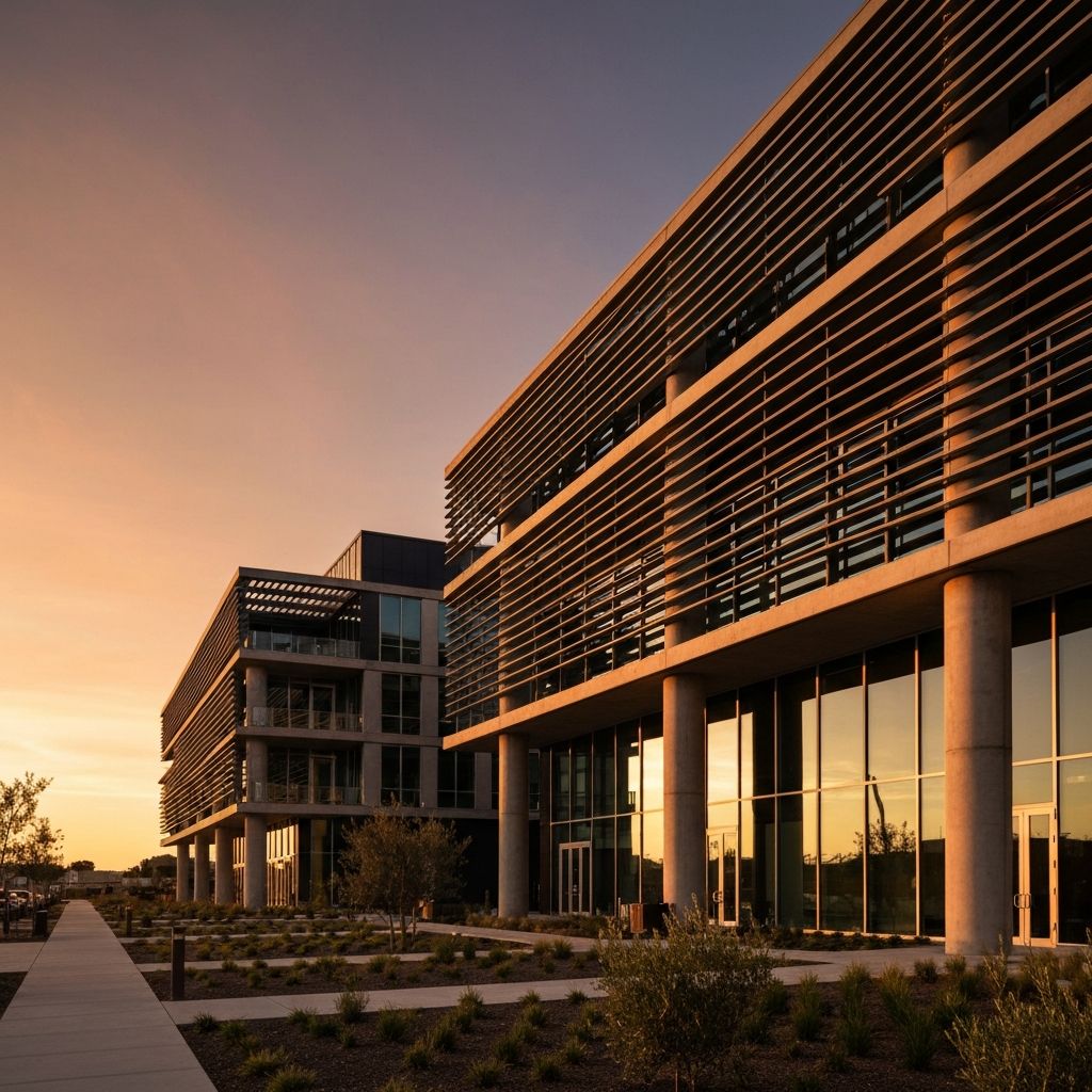 Luxury development exterior at dusk — geometric concrete facade