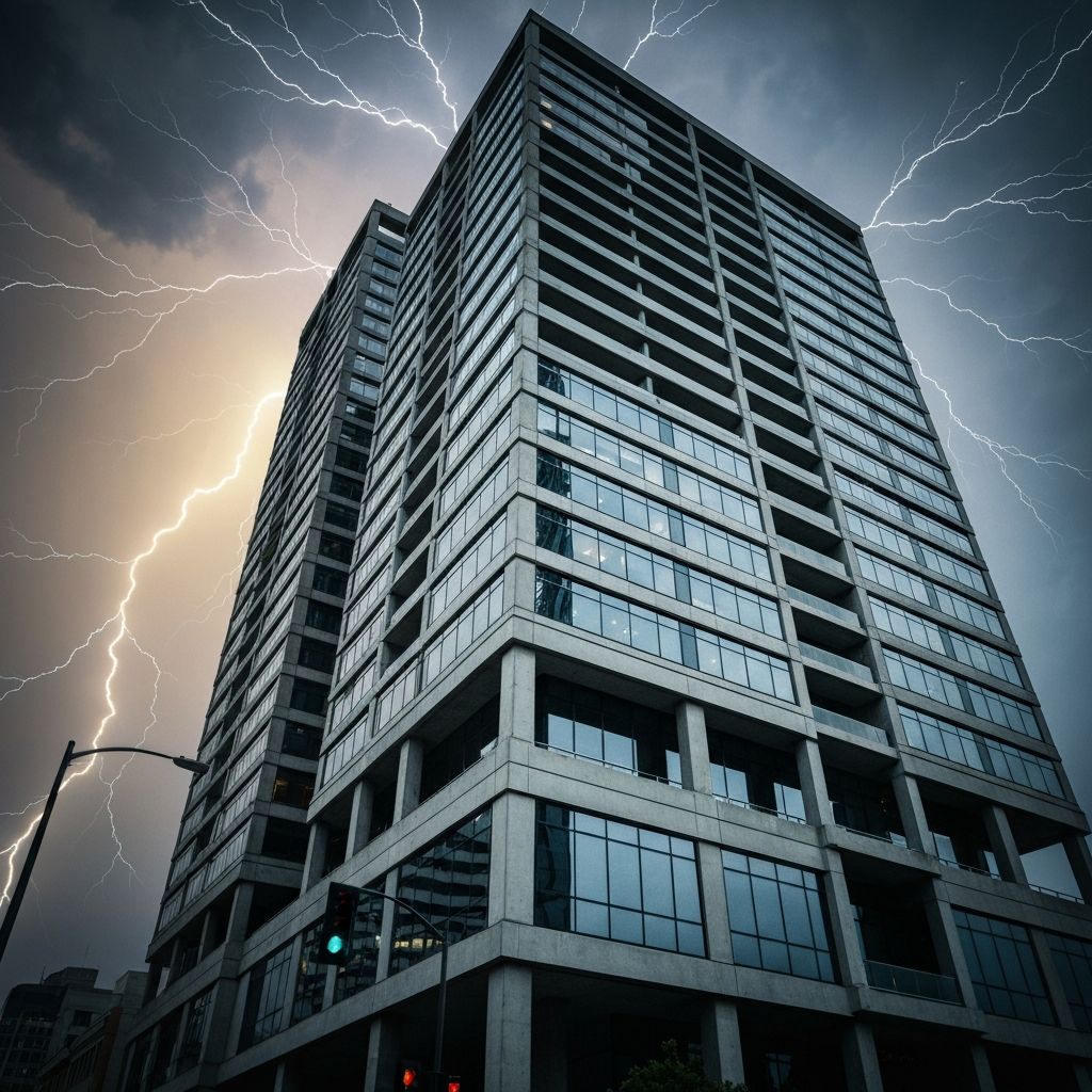 Luxury architectural development — dramatic golden hour facade